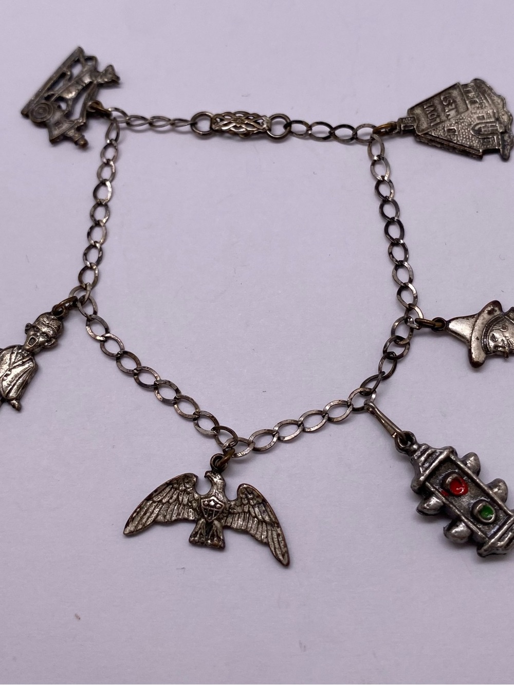 Antique Silver-Tone Charm Bracelet with Red and Green Accents